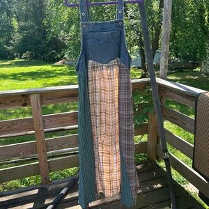 Patchwork Denim and Plaid Overalls